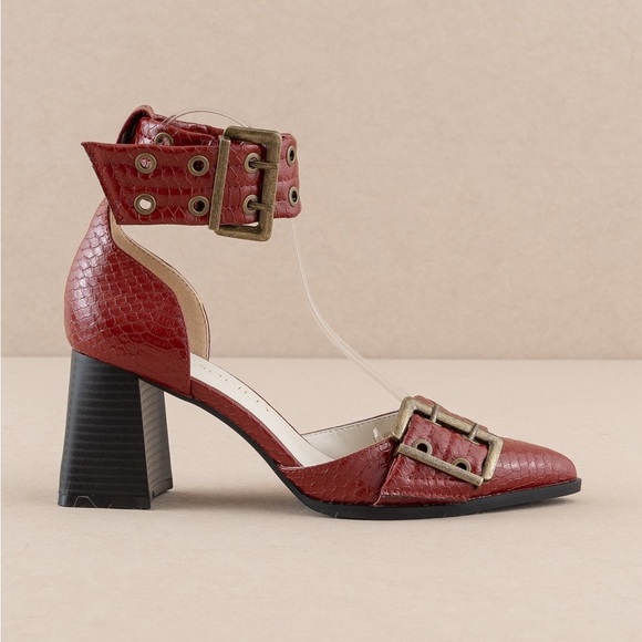 Croc-embossed Double Buckle Pointed Toe Heels - Oasis Society - Picture 3 of 5
